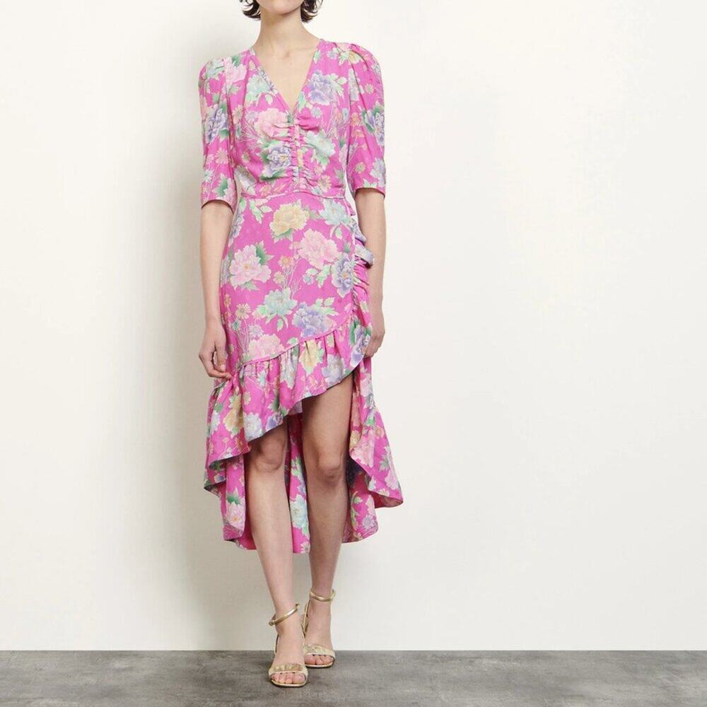SANDRO Paris Leoni Rose Pink Floral Ruffle Midi Dress